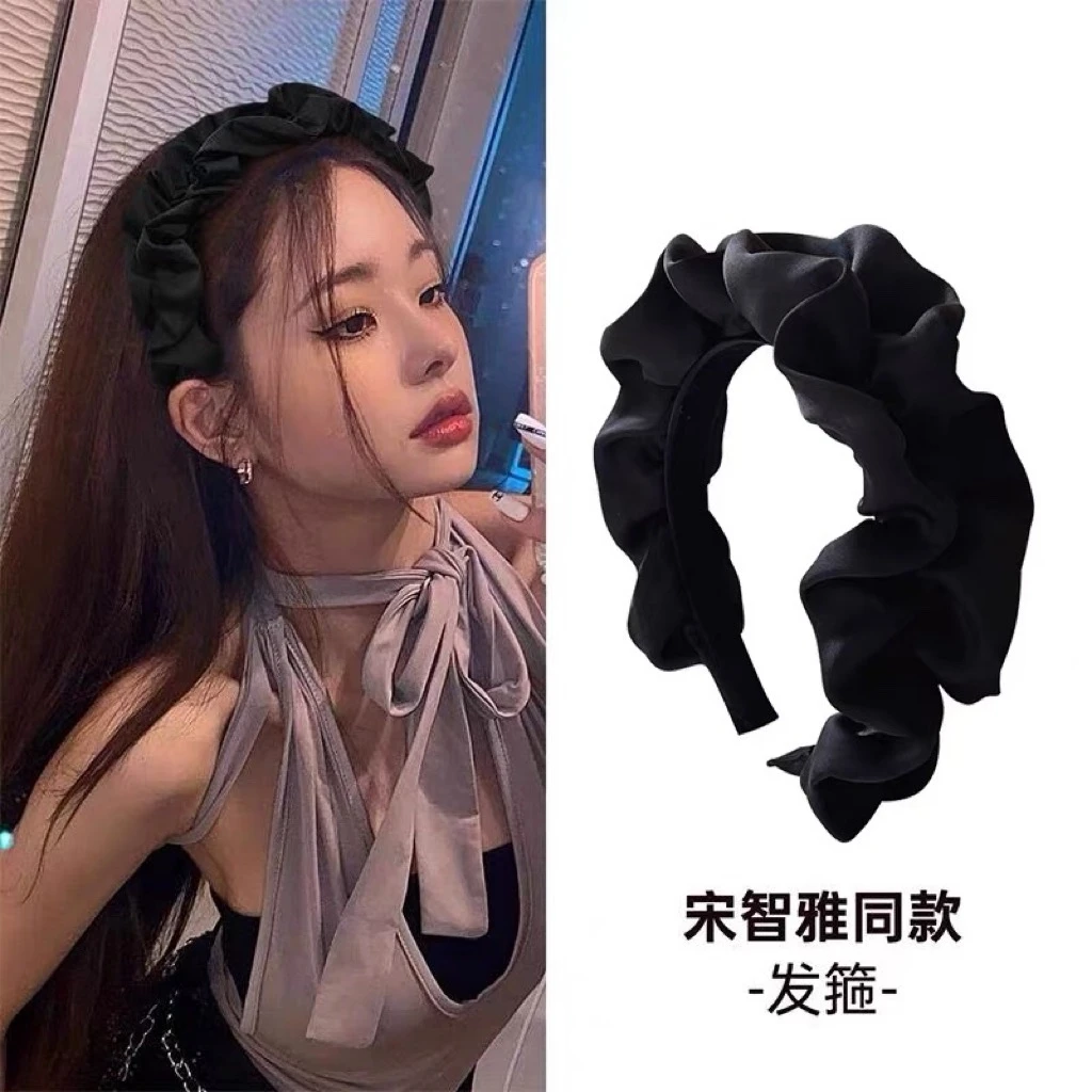 高颅顶褶皱发箍百搭洗脸发带头饰显脸小的头箍黑色宽边法式发卡