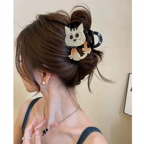 萌宠出圈~可爱小猫抓夹女2025新款高端鲨鱼夹后脑勺发夹盘发头饰