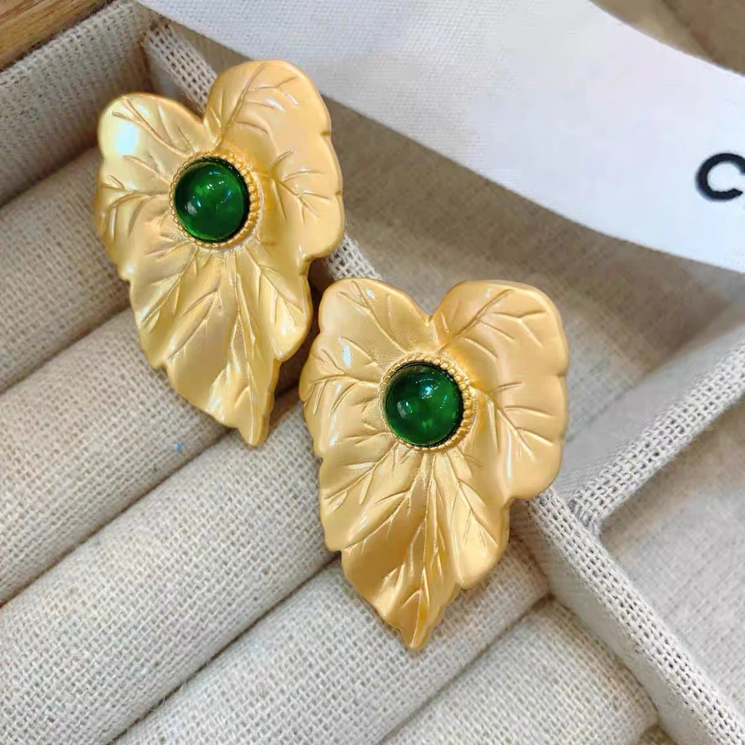 铜合金耳饰 A073 法式莫奈风格树叶耳饰法式复古手工耳环美女