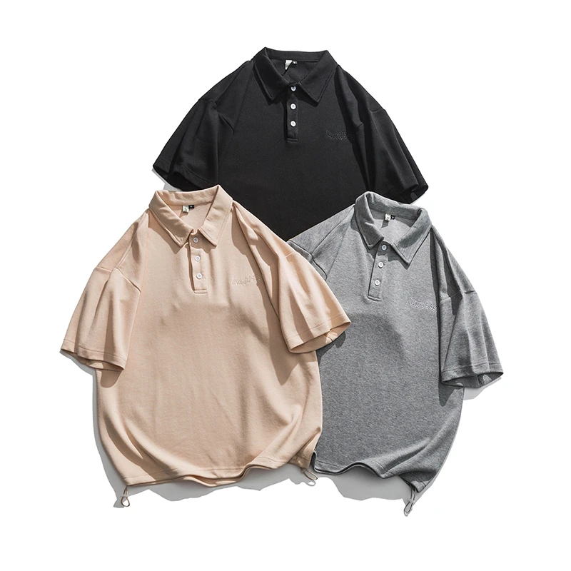 换季清货-港风翻领纯色短袖英文绣花男士polo半袖休闲大码上衣