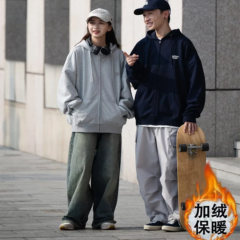 秋冬复古日系基础纯色加绒保暖连帽卫衣男潮牌宽松情侣百搭外套