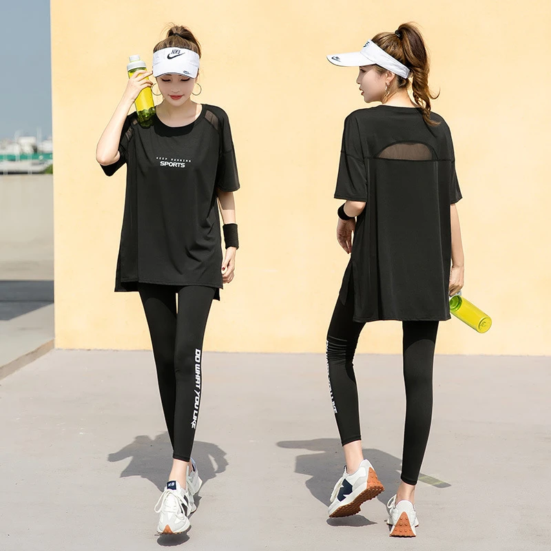 夏季休闲瑜伽服女胖m200斤大码宽松跑步套装女晨跑运动健身速干衣