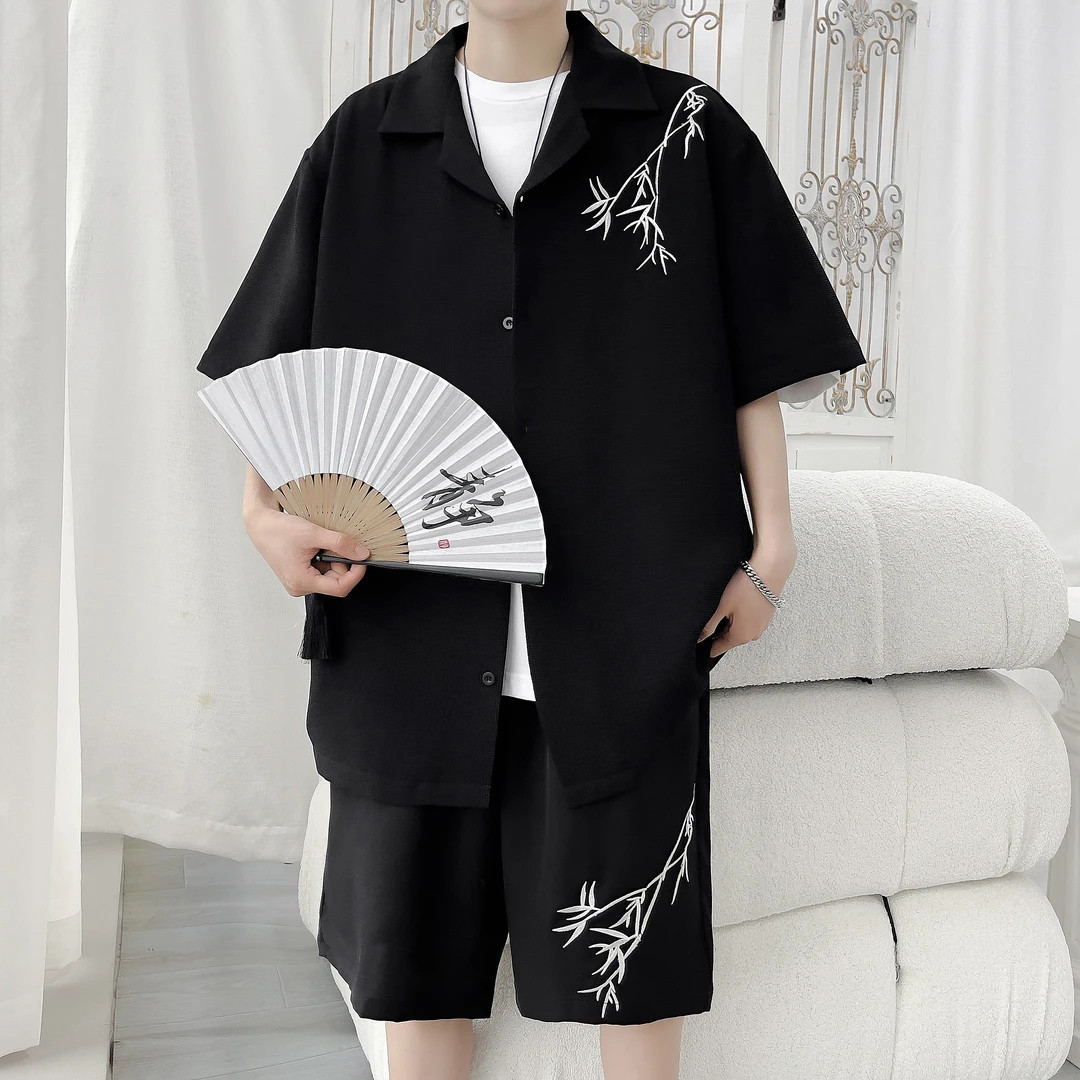 大码新中式国风休闲运动套装男士夏季痞帅宽松两件套时尚情侣套装