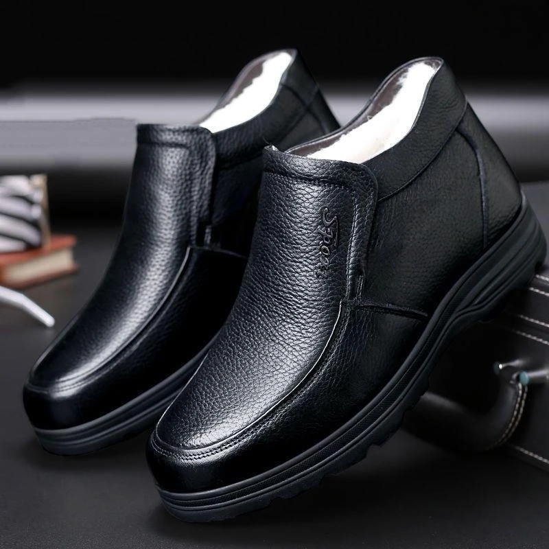 冬季加绒保暖高帮皮鞋男士棉鞋一脚蹬皮鞋中老年加厚防滑棉皮鞋男