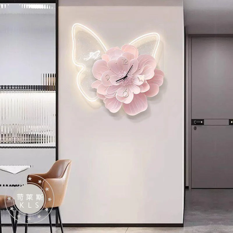 奶油风餐厅装饰画带挂钟钟表客厅led发光创意蝴蝶饭厅高级感挂画