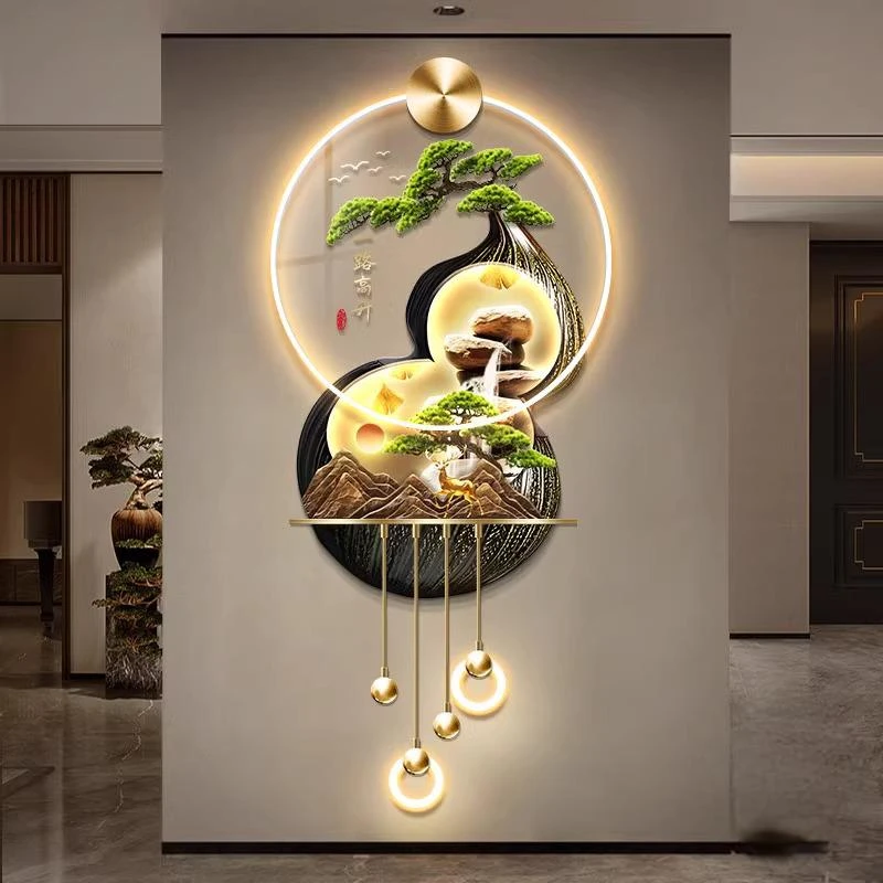 流水生财新中式玄关装饰画大气葫芦走廊过道挂画入户门立体壁饰灯