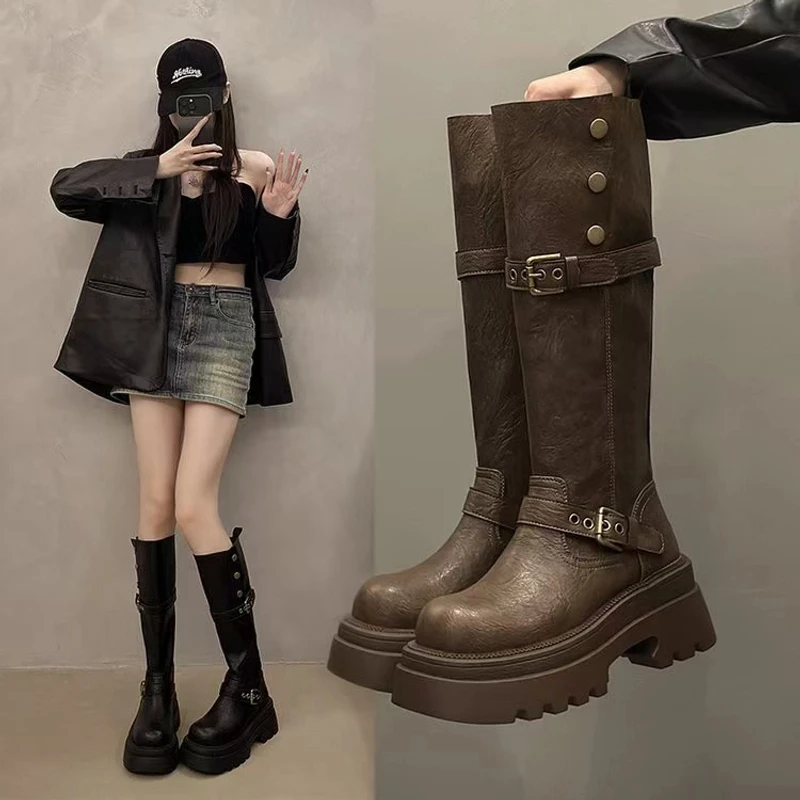 黑色长筒靴女复古小个子厚底增高2024高筒新款春秋季不过膝骑士靴