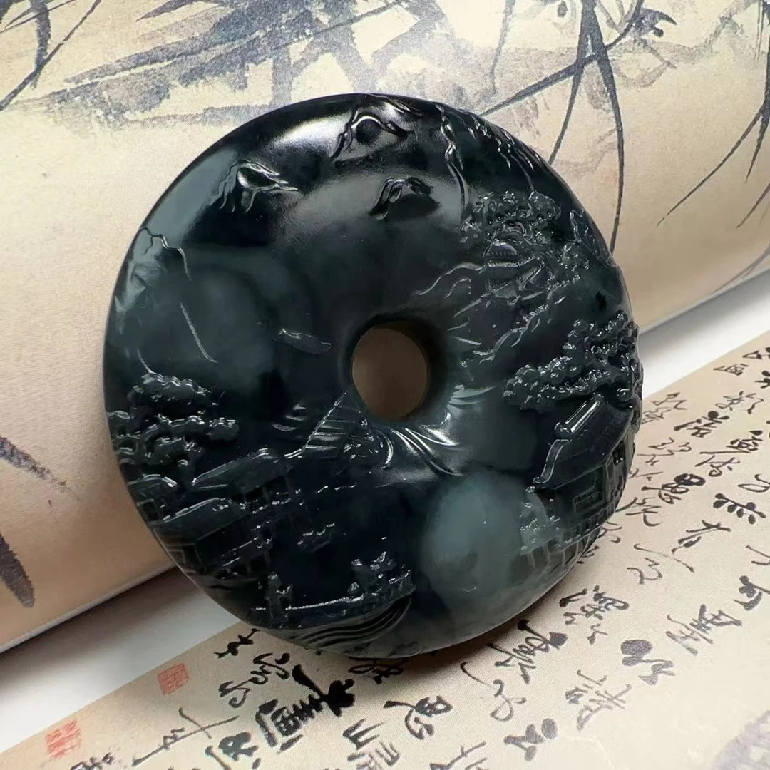 天然和田玉山水平安扣水墨青花精美设计雕刻款式实物大小保真款式