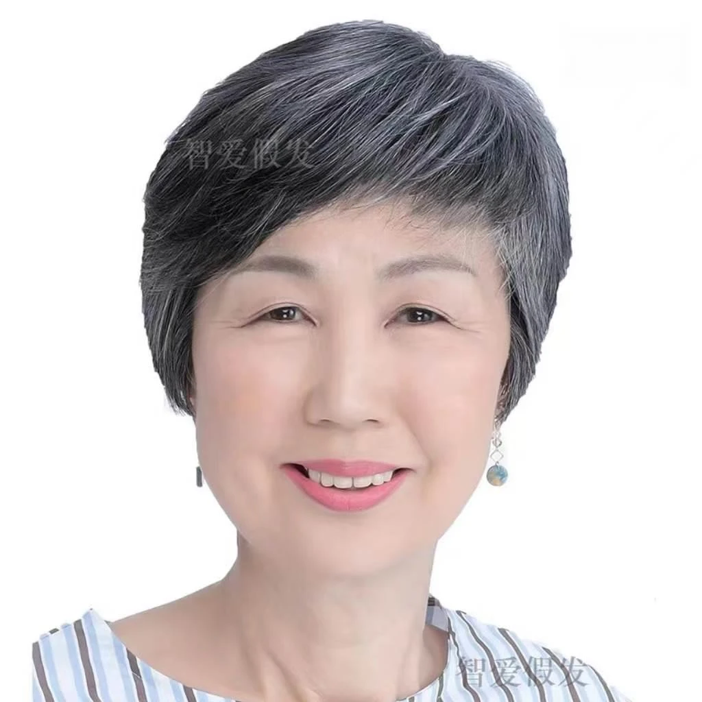 女士中老年假发奶奶花白短发老人全头套白色全真发老太太光头假发