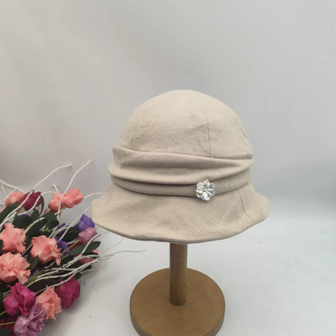 秋冬款褶皱珠花渔夫帽