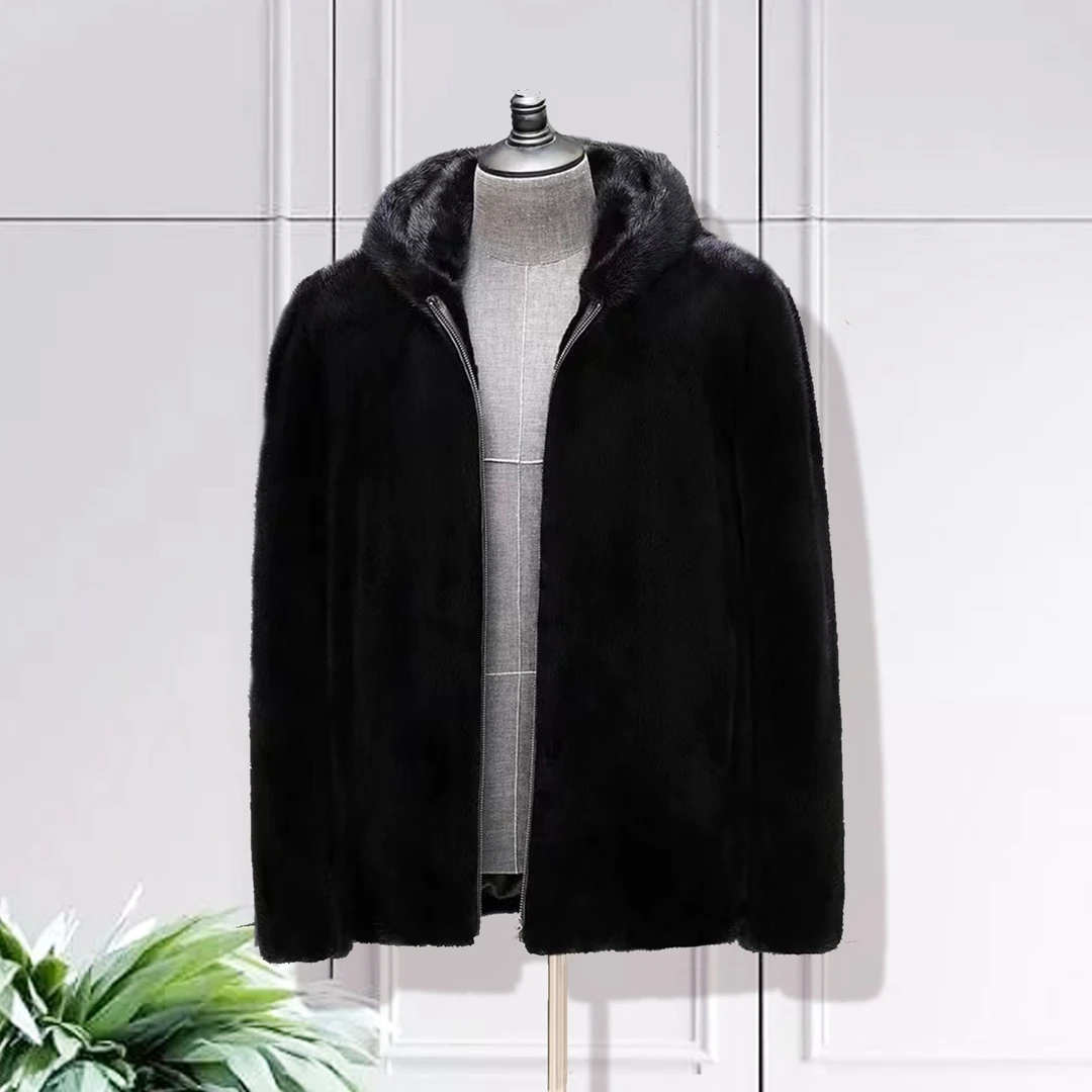 2024新款水貂黑色中款帽款长袖加厚冬季男士外套F2302