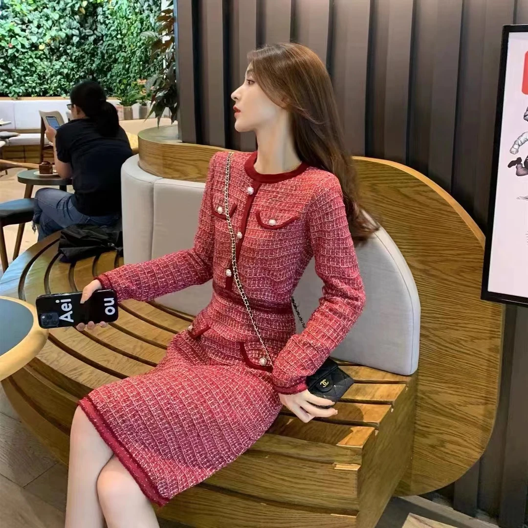 2023秋冬新款法式小香风时尚修身针织裙显瘦高级感名媛针织连衣裙