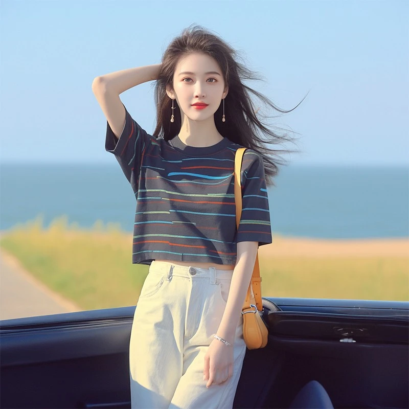 纯棉夏季韩系chic洋气独特别致漂亮上衣宽松百搭显瘦短款条纹T恤