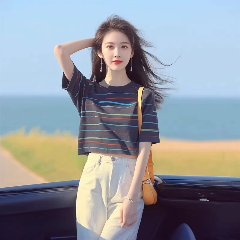 2025年夏季韩系chic独特别致短款上衣宽松百搭显瘦灰色条纹T恤女