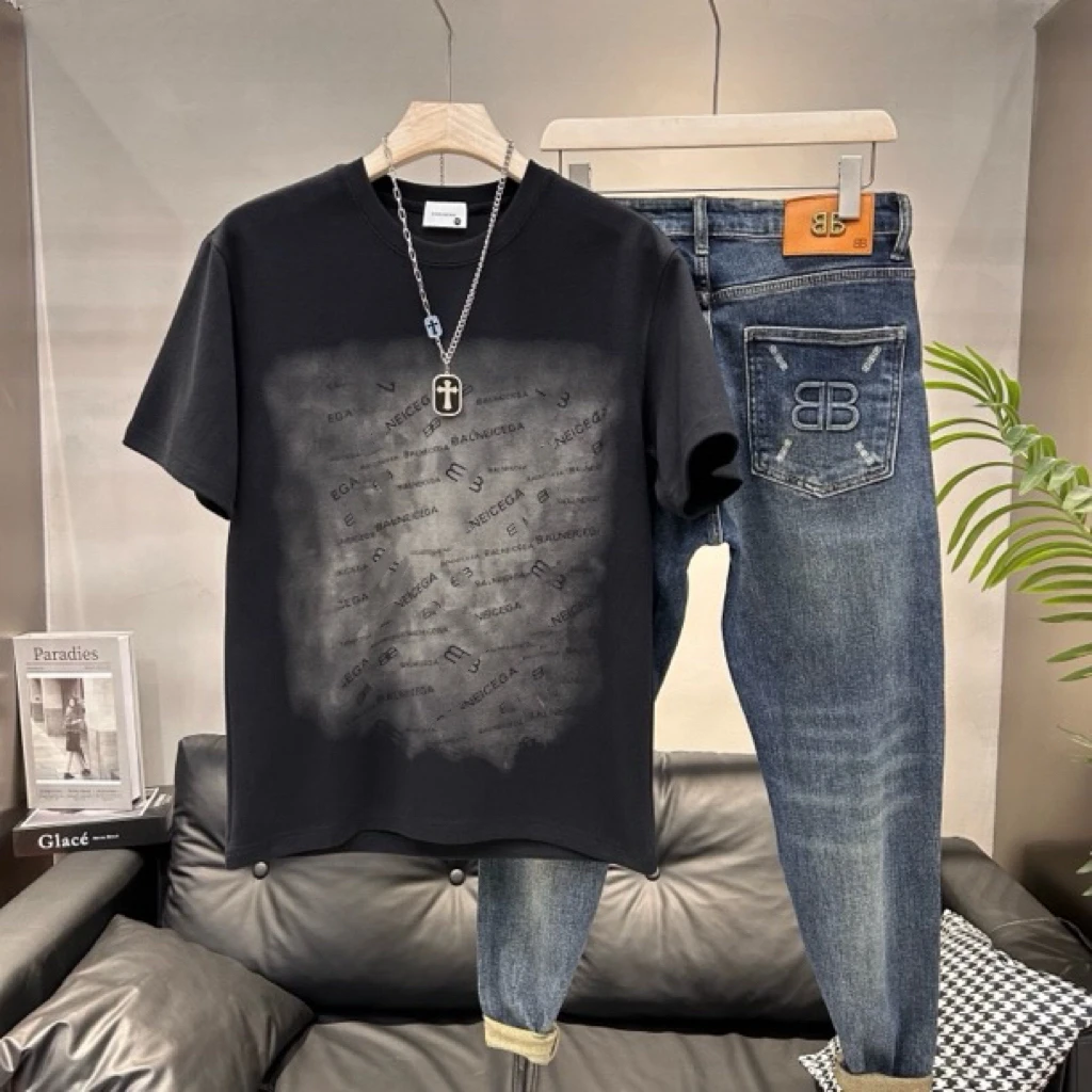 渐变B家字母短袖宽松男女洋气圆领显瘦情侣款T恤