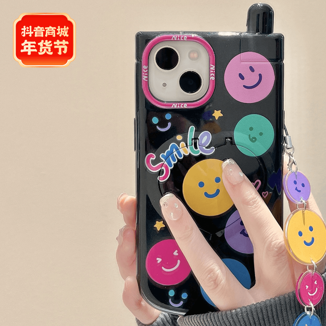 适用涂鸦笑脸小灵通iphone15promax手机壳补妆镜子苹果13新款14女