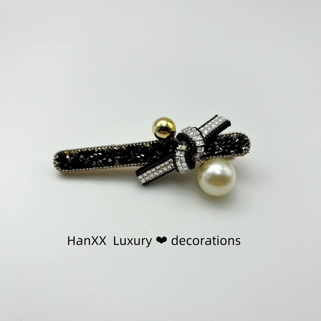 水晶法式刘海夹小香风发夹手工气质轻奢时尚黑色复古优雅-9248