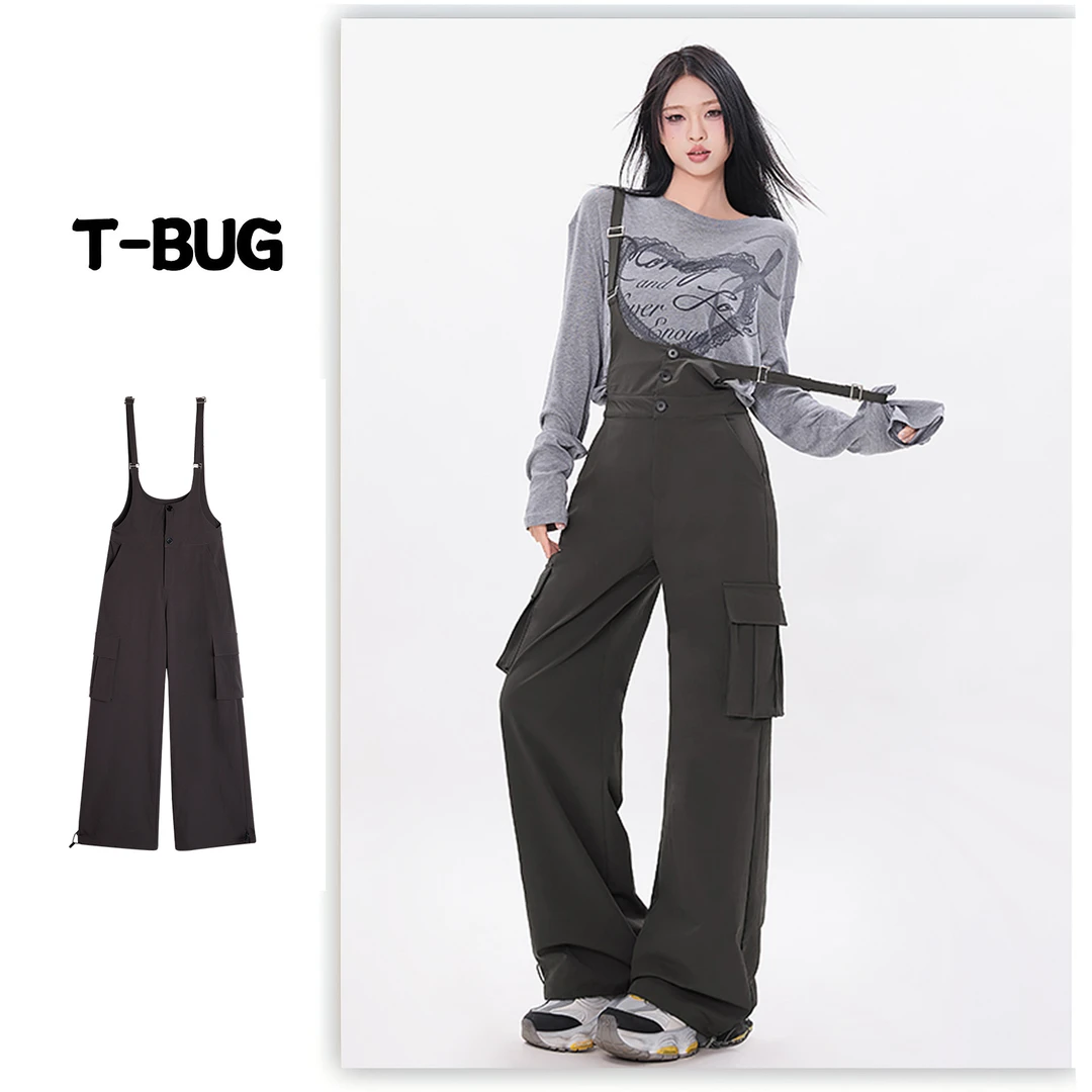 T-BUG美式复古宽松直筒背带裤秋冬设计感小众多口袋阔腿工装裤