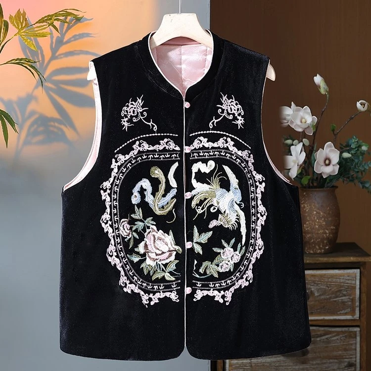 马甲新中式国风上衣盘扣丝绒新款唐装无袖刺绣外套中式坎肩背心
