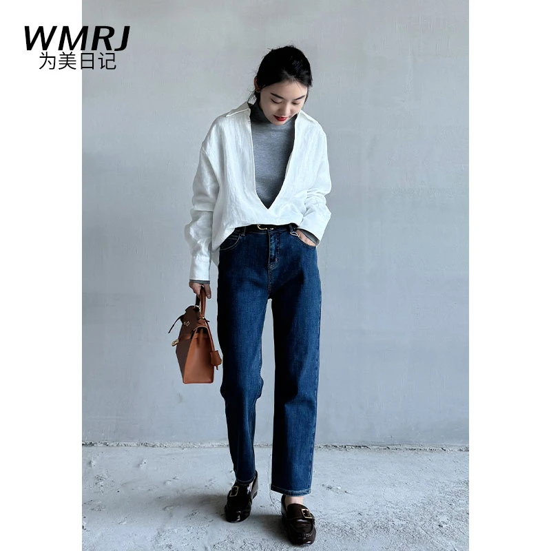 WMRJ高腰德绒烟管直筒裤女秋冬显瘦百搭牛仔裤