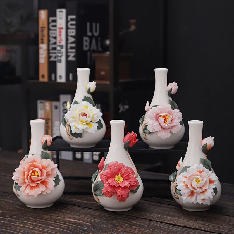 当代 手工捏制陶瓷花花瓶花插牡丹花家居卧室桌面装饰花器摆件