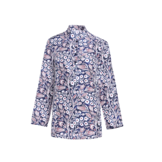 L·W画而诗女装碎花衬衣长袖蓝色时尚休闲印花提花衬衫LBD82020S