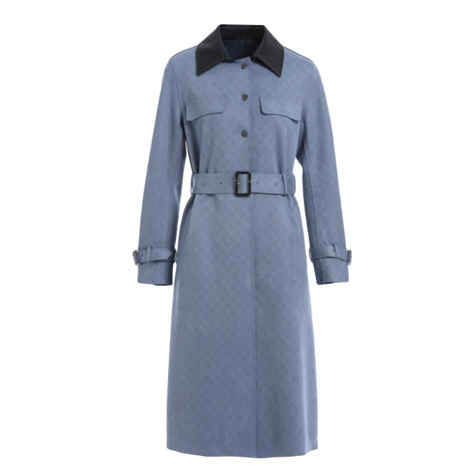 L·W/画而诗蓝色女士早春新款时尚百搭长款气质风衣外套LBB91005