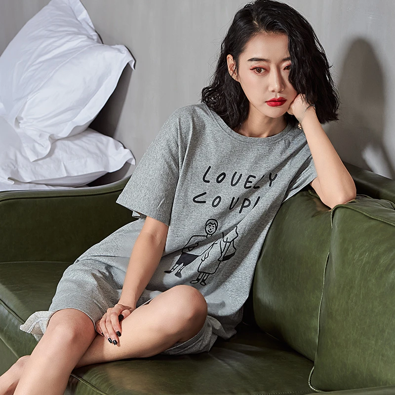 睡裙女夏纯棉中长款宽松大码短袖连体睡衣薄款简约休闲女士家居服