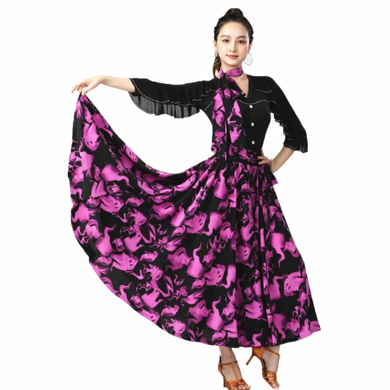老师同款点帕斯大摆裙遮腹显瘦拉丁舞国标舞摩登舞印花半身裙长裙