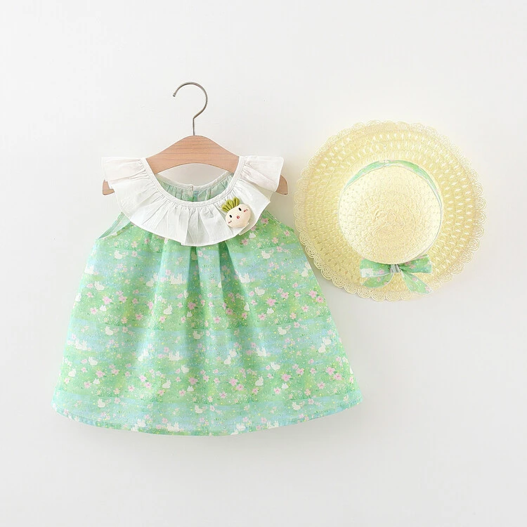 网红夏季洋气女童碎花卡通胡萝卜翻领小兔无袖连衣裙送帽子2024新