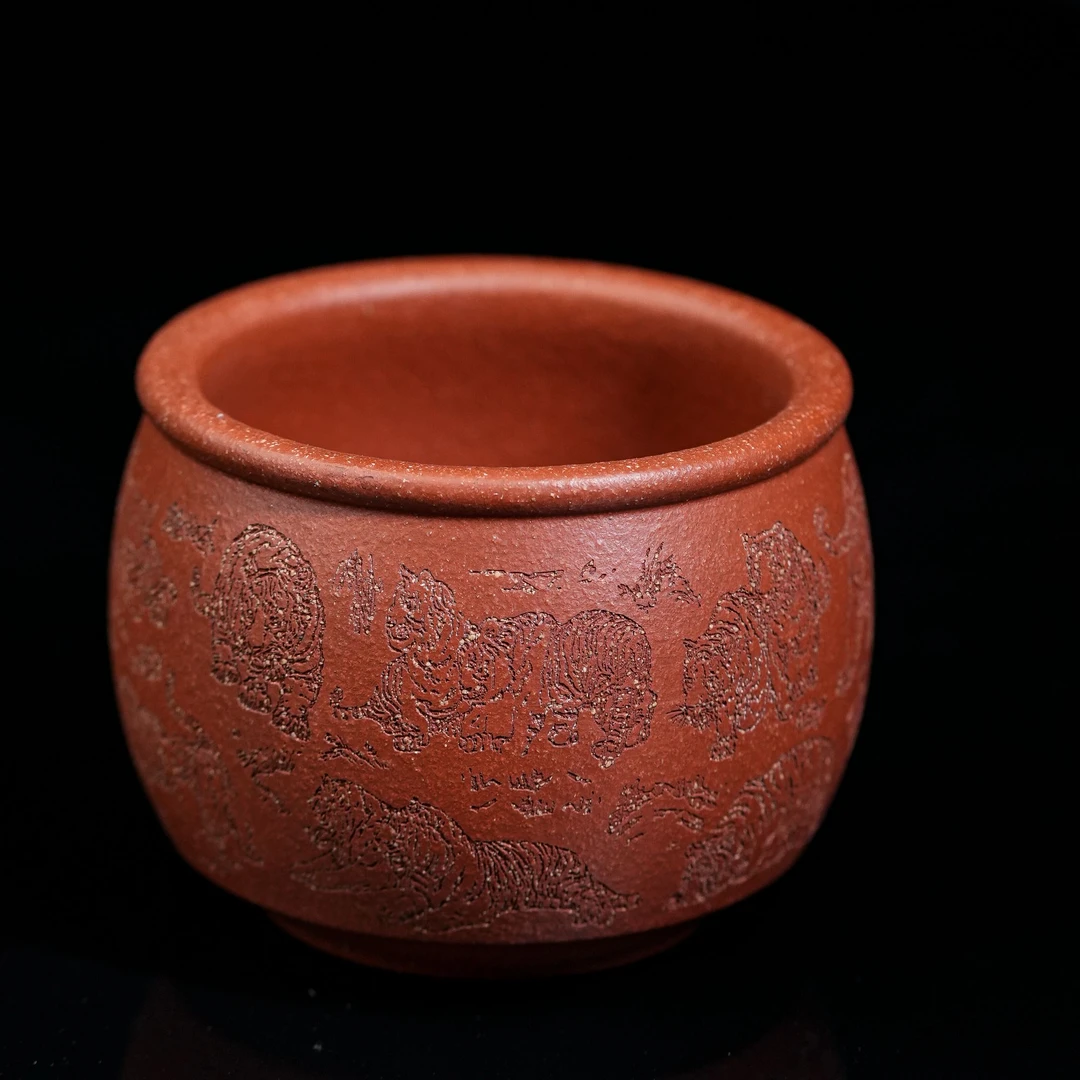 063百虎图满刻绘降坡泥全手工主人杯