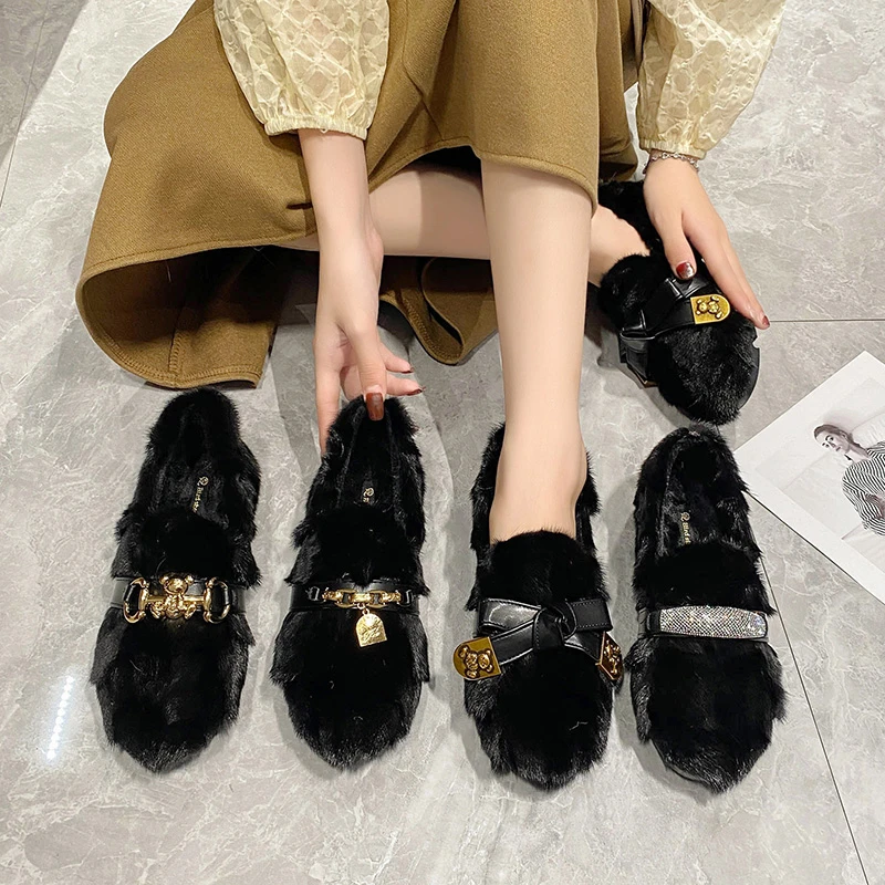2024年秋冬季新款仙女风水貂毛豆豆时尚百搭软底明星同款毛毛鞋