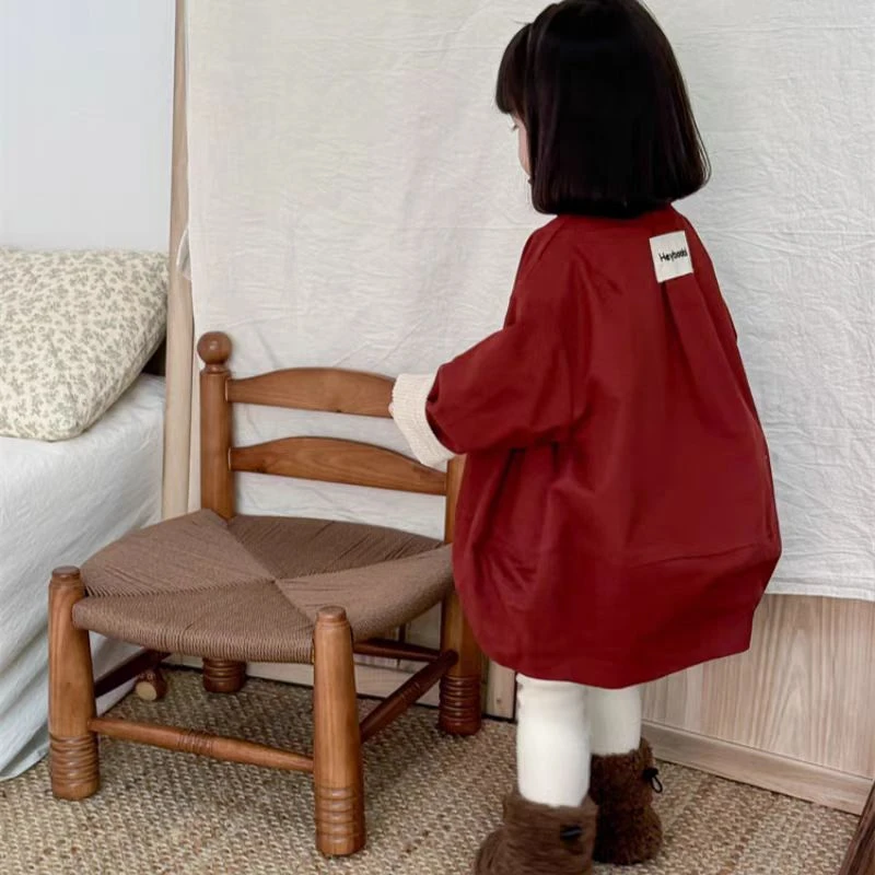 2024秋冬加绒外套韩版洋气男女童宝宝拼接灯芯绒茧型中长款风衣