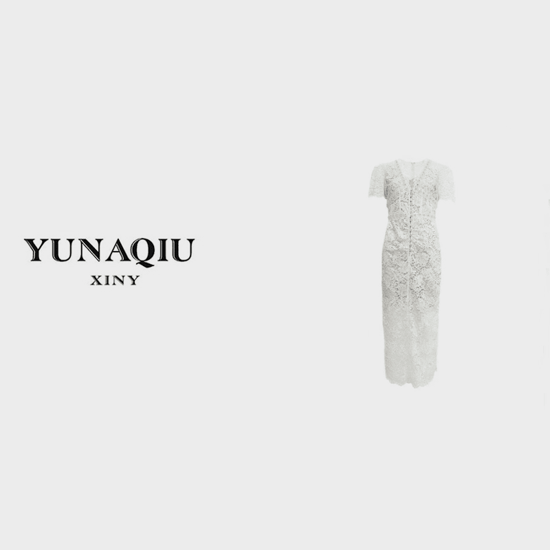 YUNAQIU夏季新款白色蕾丝珍珠钻名媛宫廷风优雅收腰裙-8083