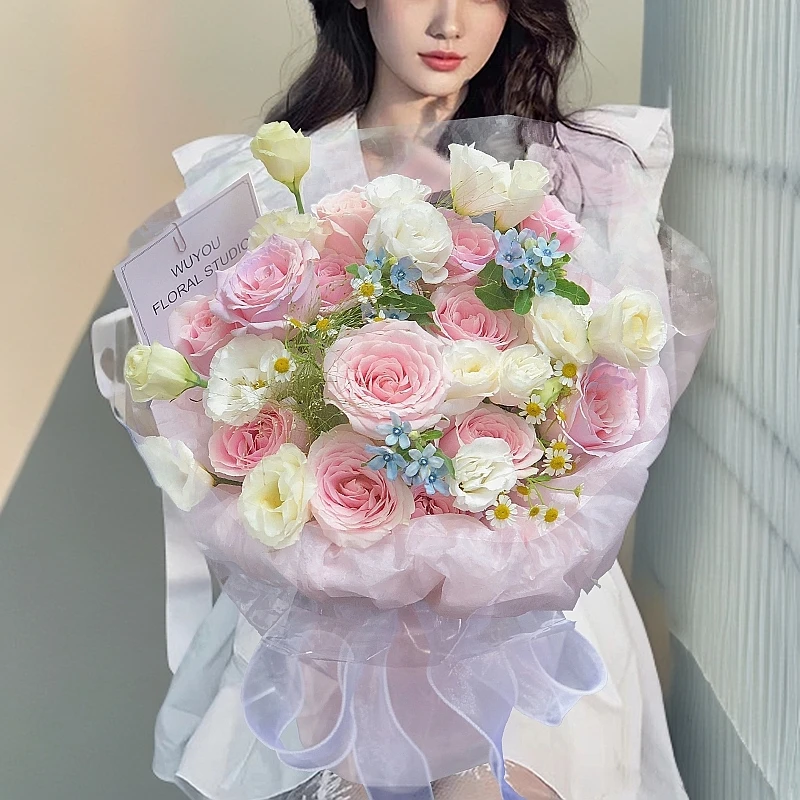 幽兰馨语ins风【14朵粉玫瑰桔梗蓝星花混搭花束】送闺蜜姐妹朋友鲜花全国同城配送小时达花店送花上门