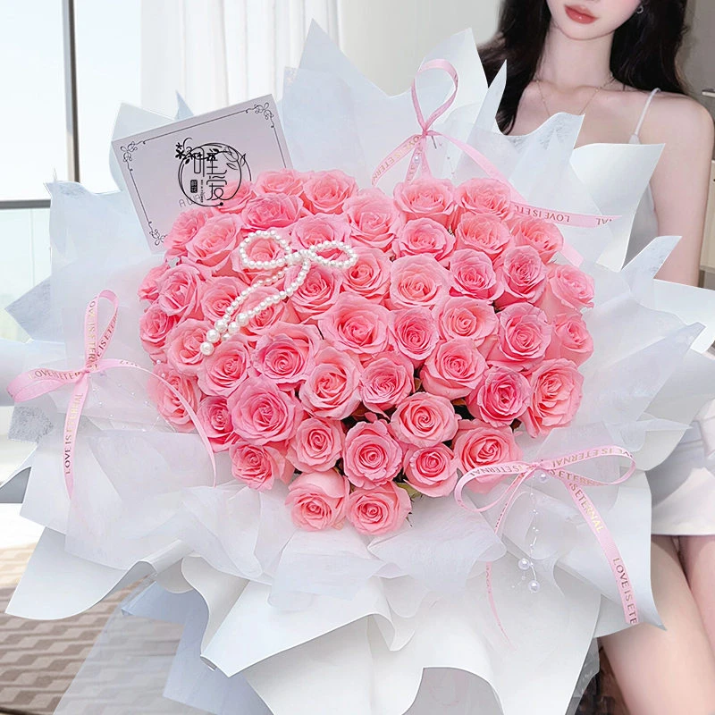 【高贵公主】【52朵戴安娜粉玫瑰心形花束】送女友老婆闺蜜姐妹鲜花同城配送小时达花店送花上门
