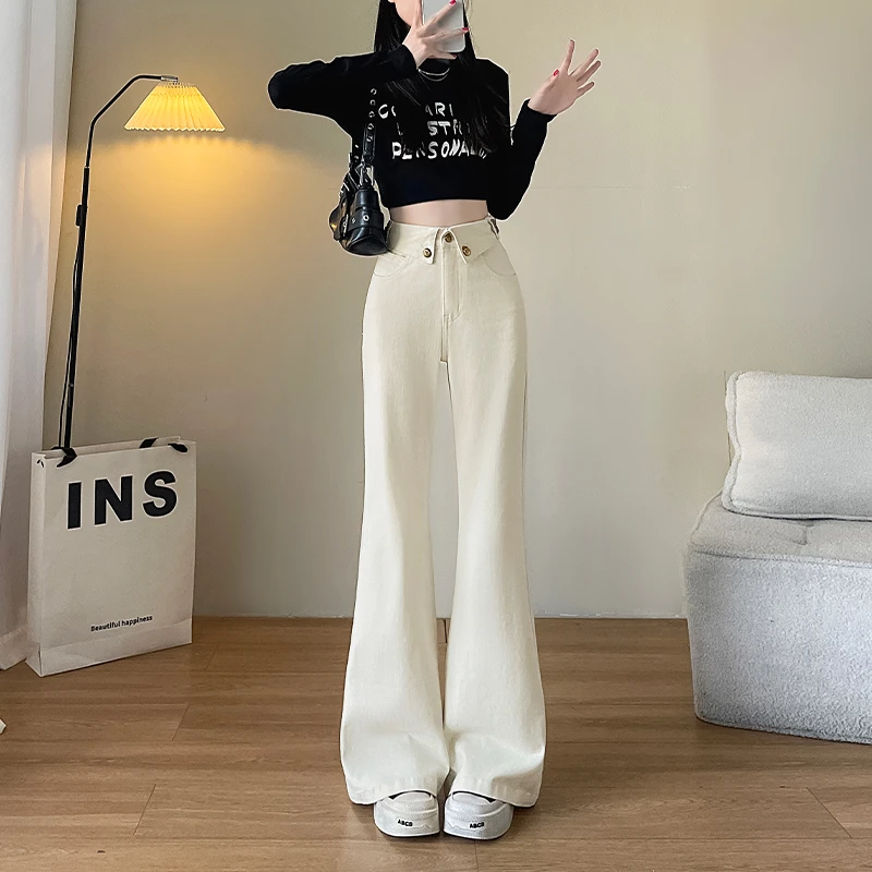 1700腰头翻边白色微喇叭牛仔裤女新款高腰修身显瘦设计感休闲长裤