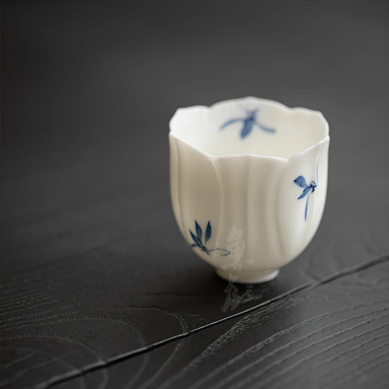 鱼戏复古手绘蝴蝶兰花茶杯手工花瓣主人杯家用品茗杯单杯功夫杯子