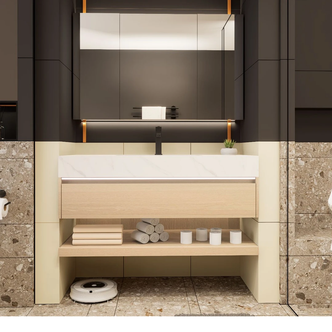 酒店原木风浴室柜岩板陶瓷无缝盆洗脸洗漱台柜组合