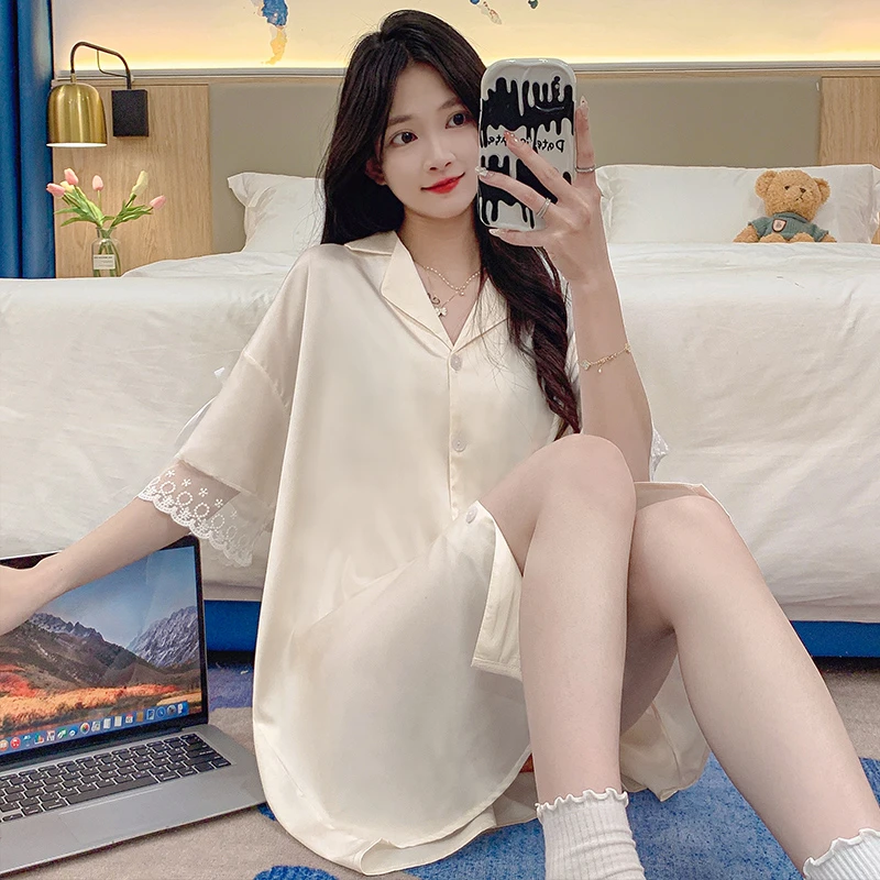 冰丝衬衫少女睡衣夏季短袖洋气网红爆款2024新款高颜值睡裙可外穿