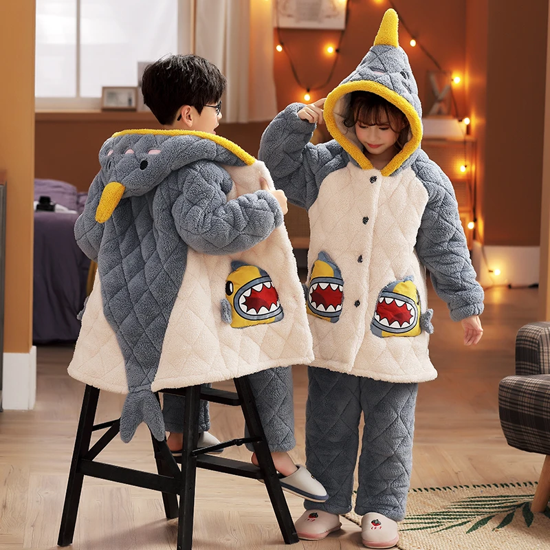 三层夹棉加厚亲子儿童睡衣加绒高档可外穿秋冬男女大童家居服套装