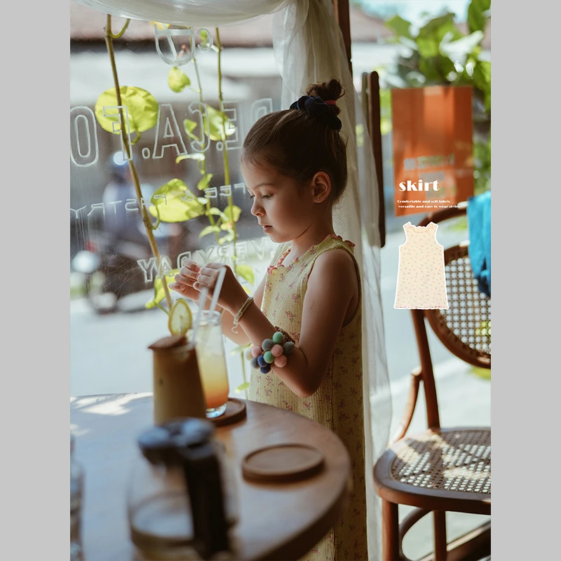 史豌豆女童2024夏季新款鹅黄碎花无袖裙Y3068