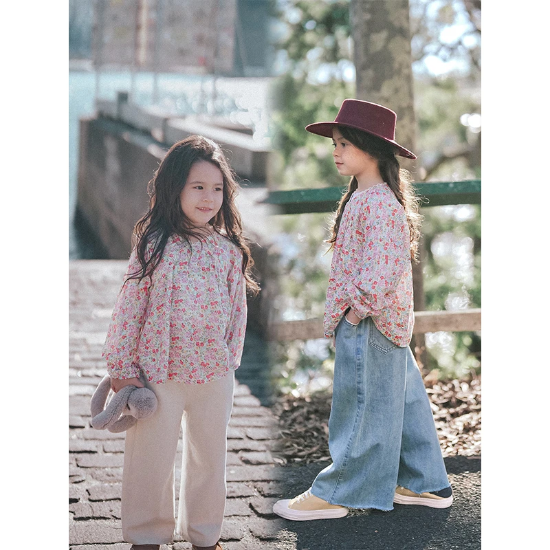 PISELLI史豌豆女童碎花v领衬衫 Y3589