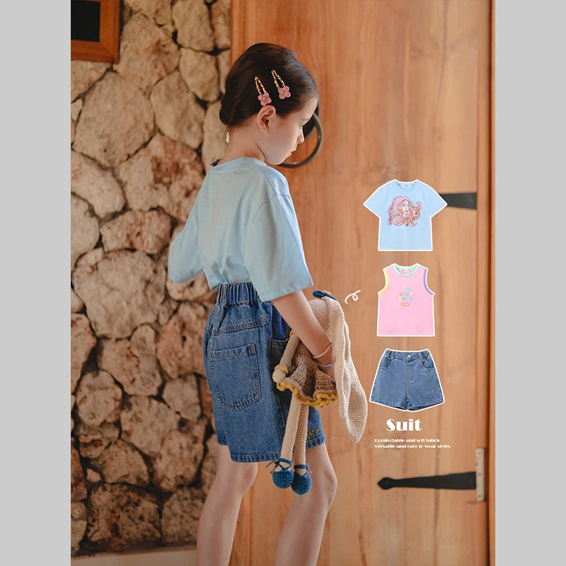 史豌豆女童2024夏季新款印花短袖T恤短裤套装 K1490 Y3512 Y3009