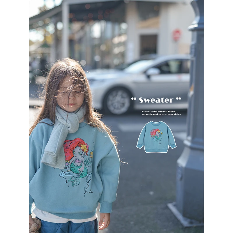 史豌豆女童海盐蓝天鹅绒美人鱼卫衣 Q1067