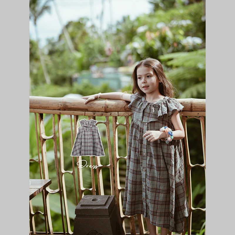 史豌豆女童2024夏季新款温婉气质灰绿调格子连衣裙 Y3298