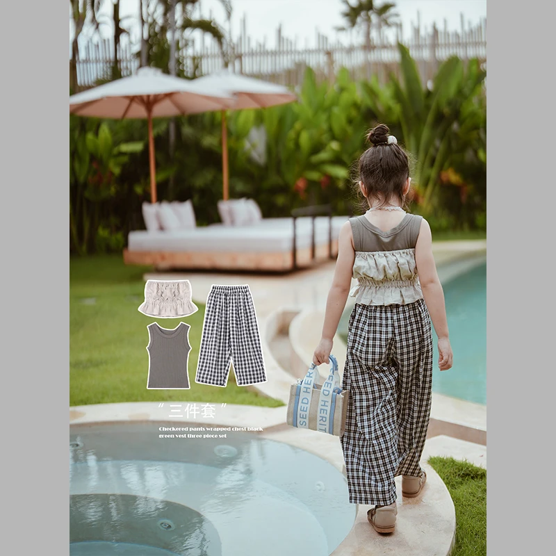 史豌豆女童2024夏季新款格子裤裹胸背心三件套 Y2618 q682 K1485