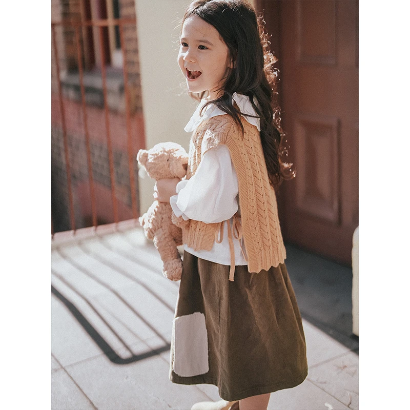 PISELLI史豌豆女童奶茶色麻花针织马甲  Q1195