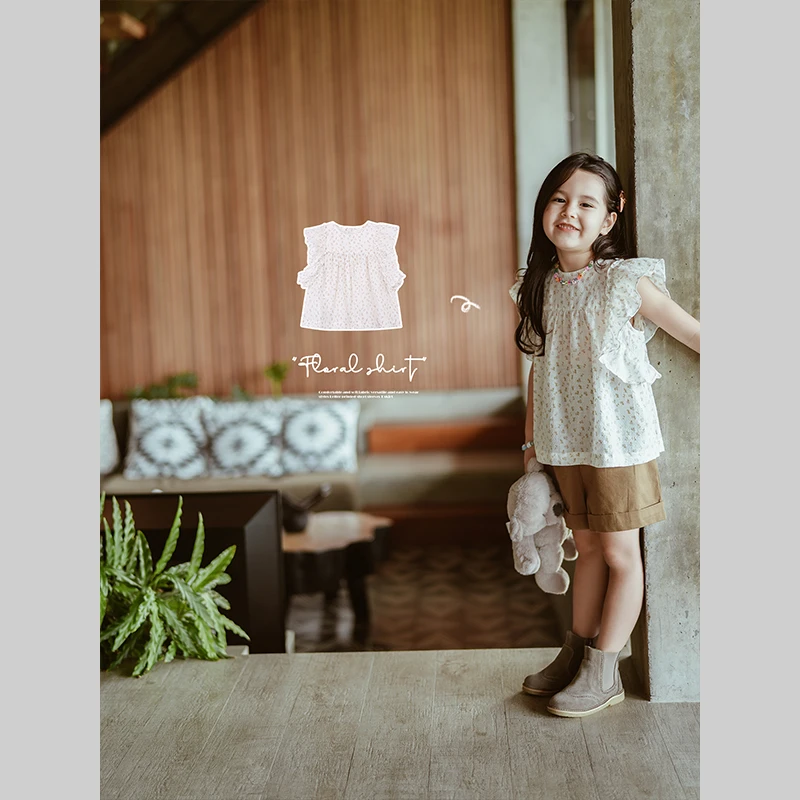 史豌豆女童2024夏季新款轻薄飞袖碎花上衣 Y2772