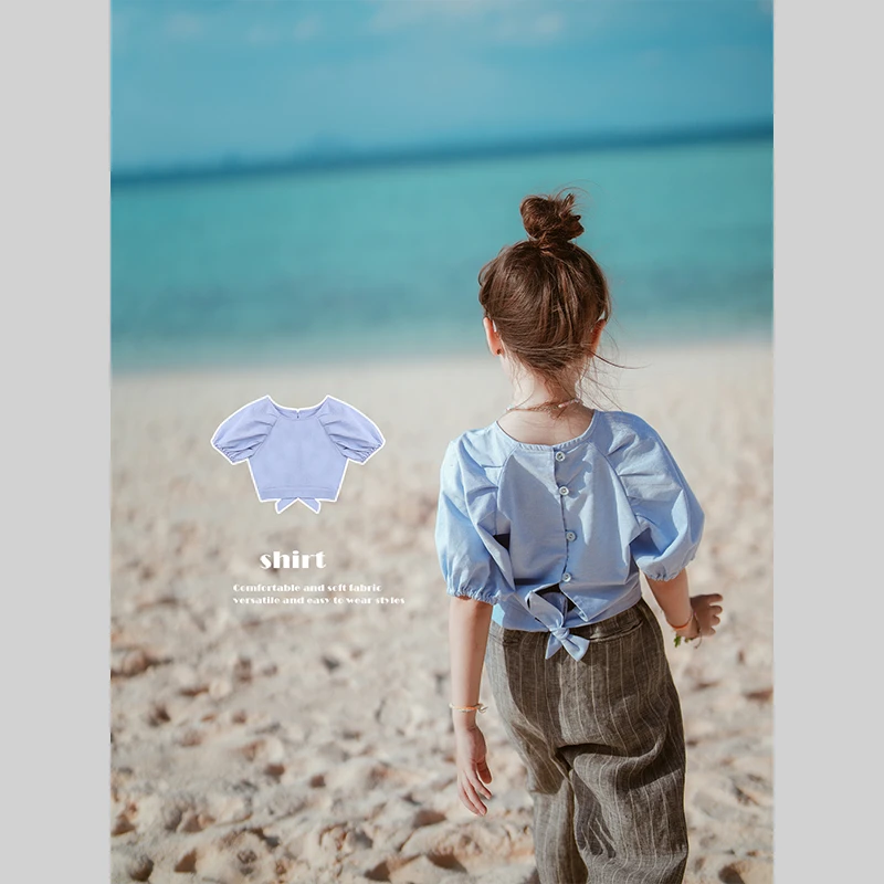 史豌豆女童蓝插肩袖上衣 Y3344